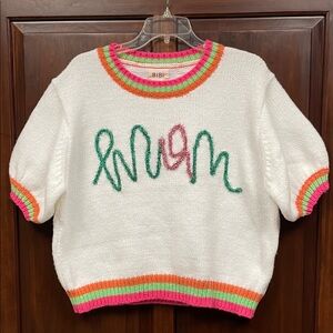 Shortsleeved BiBi sweater, color ribbing, Medium, NWT, sparkling “Mom” on chest